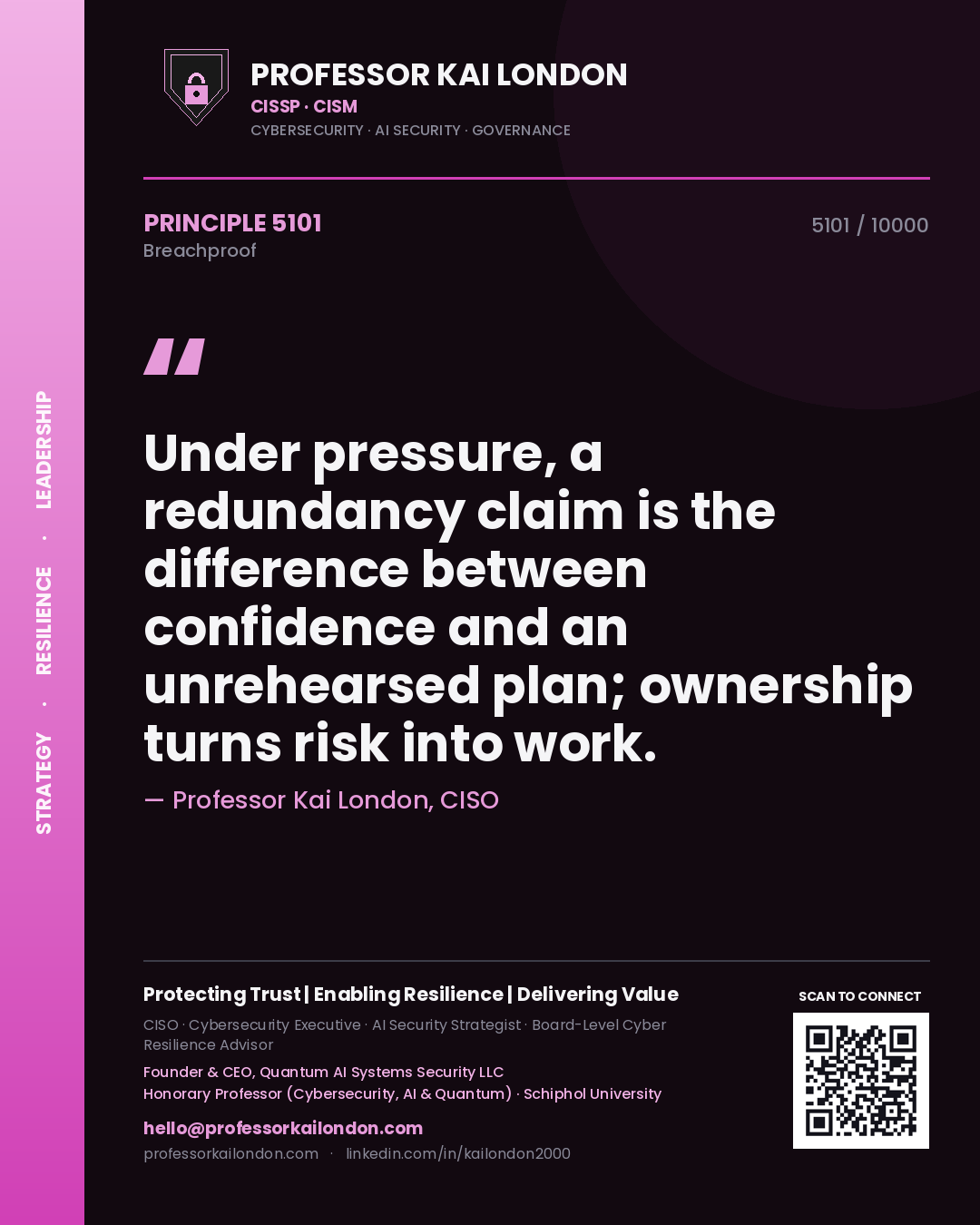 Quote card by Professor Kai London reading 'Under pressure, a redundancy claim is the difference between confidence and an unrehearsed plan; ownership turns risk into work.'. From the book Breachproof.