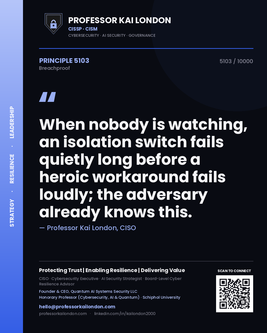 Quote card by Professor Kai London reading 'When nobody is watching, an isolation switch fails quietly long before a heroic workaround fails loudly; the adversary already knows this.'. From the book Breachproof.