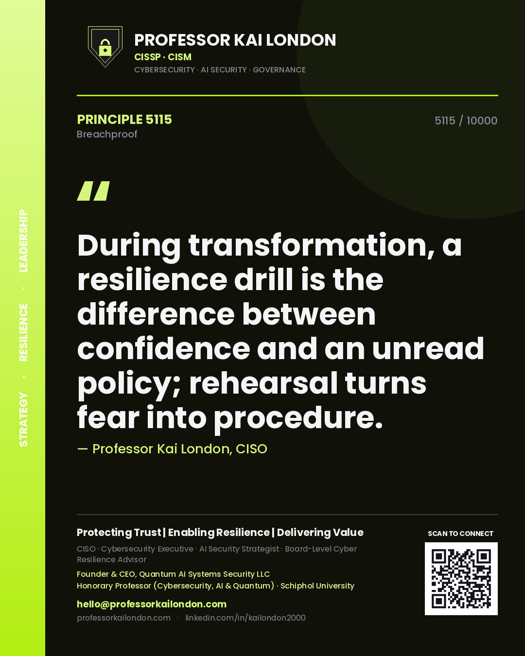 Quote card by Professor Kai London reading 'During transformation, a resilience drill is the difference between confidence and an unread policy; rehearsal turns fear into procedure.'. From the book Breachproof.