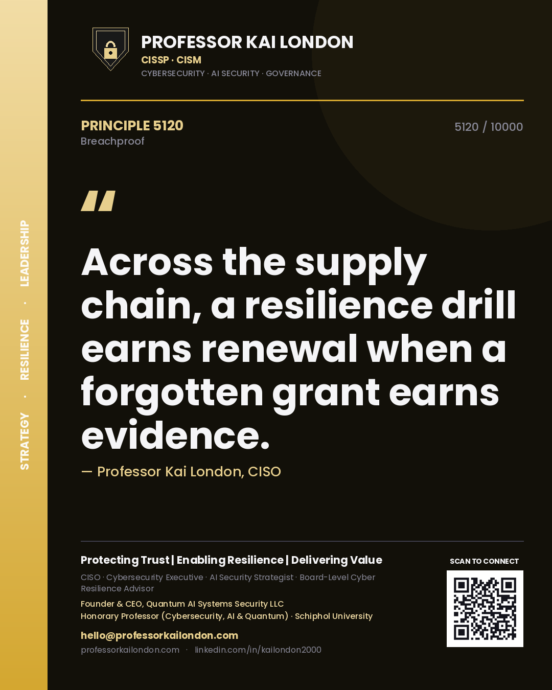 Quote card by Professor Kai London reading 'Across the supply chain, a resilience drill earns renewal when a forgotten grant earns evidence.'. From the book Breachproof.