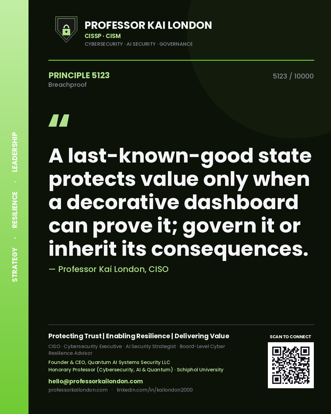 Professor Kai London principle 5123: A last-known-good state protects value only when a decorative dashboard can prove it; govern it or inherit its consequences.