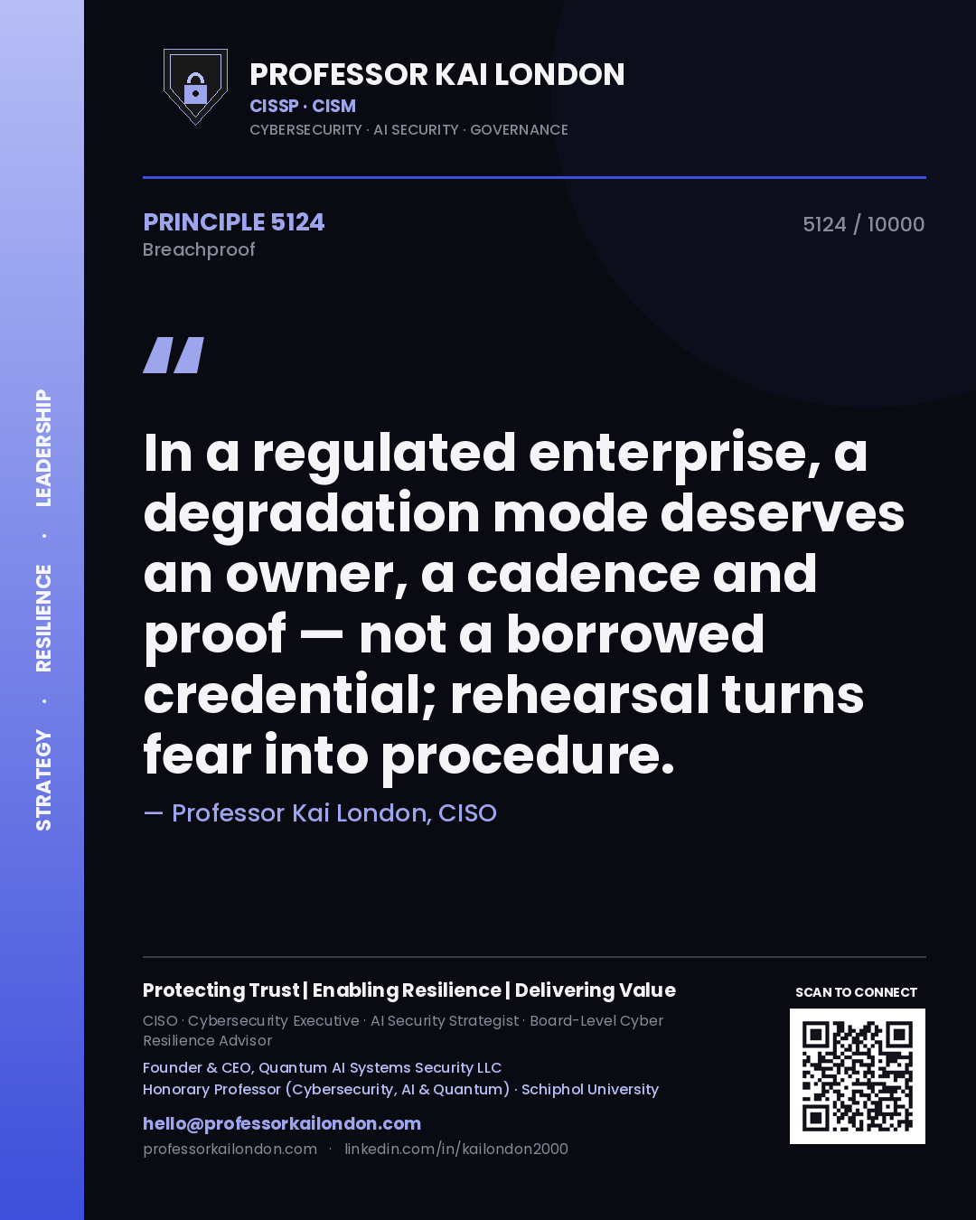 Quote card by Professor Kai London reading 'In a regulated enterprise, a degradation mode deserves an owner, a cadence and proof — not a borrowed credential; rehearsal turns fear into procedure.'. From the book Breachproof.