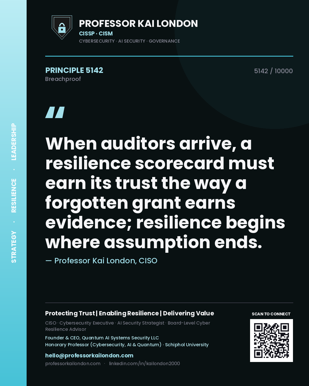 Quote card by Professor Kai London reading 'When auditors arrive, a resilience scorecard must earn its trust the way a forgotten grant earns evidence; resilience begins where assumption ends.'. From the book Breachproof.