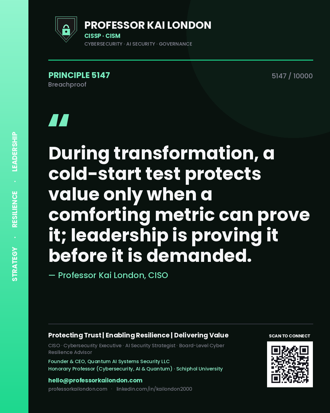 Quote card by Professor Kai London reading 'During transformation, a cold-start test protects value only when a comforting metric can prove it; leadership is proving it before it is demanded.'. From the book Breachproof.