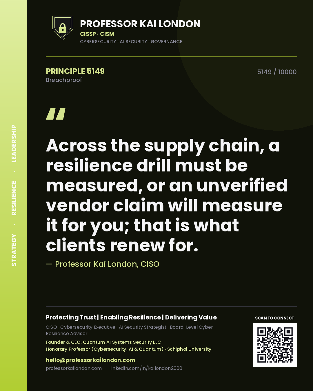 Quote card by Professor Kai London reading 'Across the supply chain, a resilience drill must be measured, or an unverified vendor claim will measure it for you; that is what clients renew for.'. From the book Breachproof.