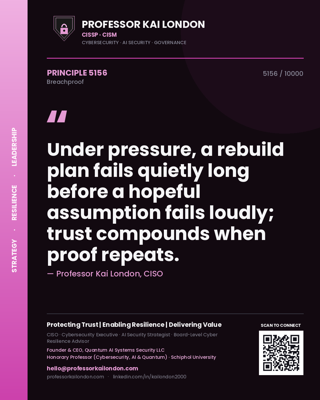 Professor Kai London principle 5156: Under pressure, a rebuild plan fails quietly long before a hopeful assumption fails loudly; trust compounds when proof repeats.