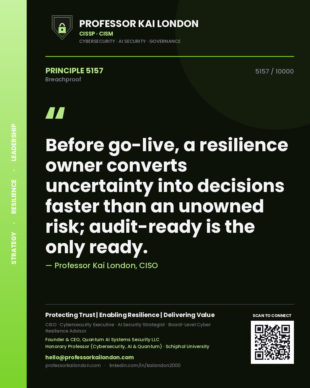 Quote card by Professor Kai London reading 'Before go-live, a resilience owner converts uncertainty into decisions faster than an unowned risk; audit-ready is the only ready.'. From the book Breachproof.