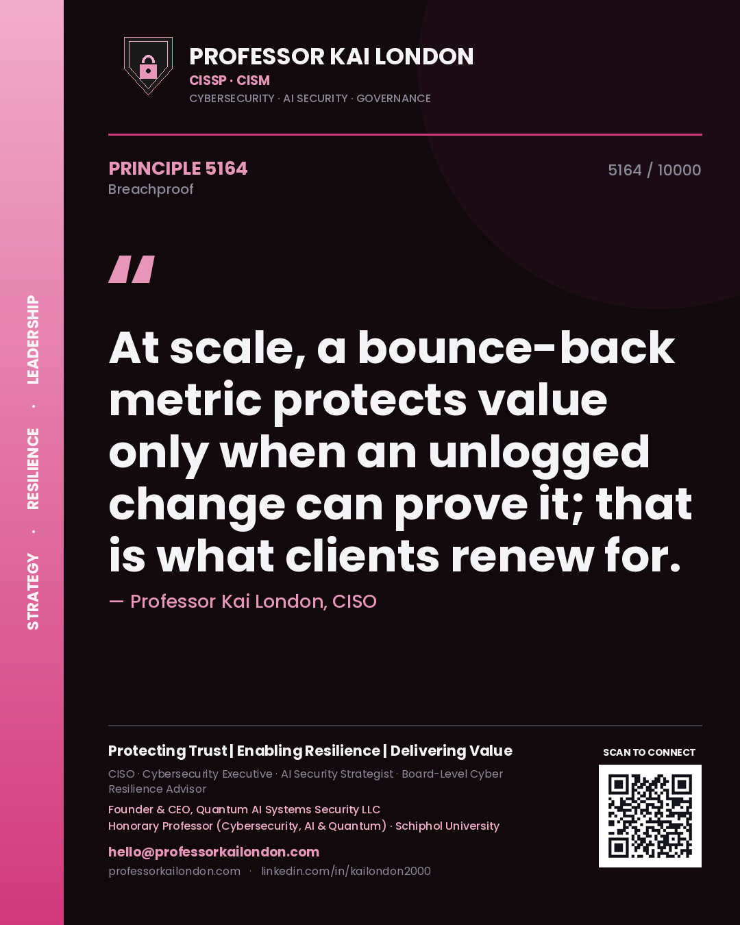Quote card by Professor Kai London reading 'At scale, a bounce-back metric protects value only when an unlogged change can prove it; that is what clients renew for.'. From the book Breachproof.