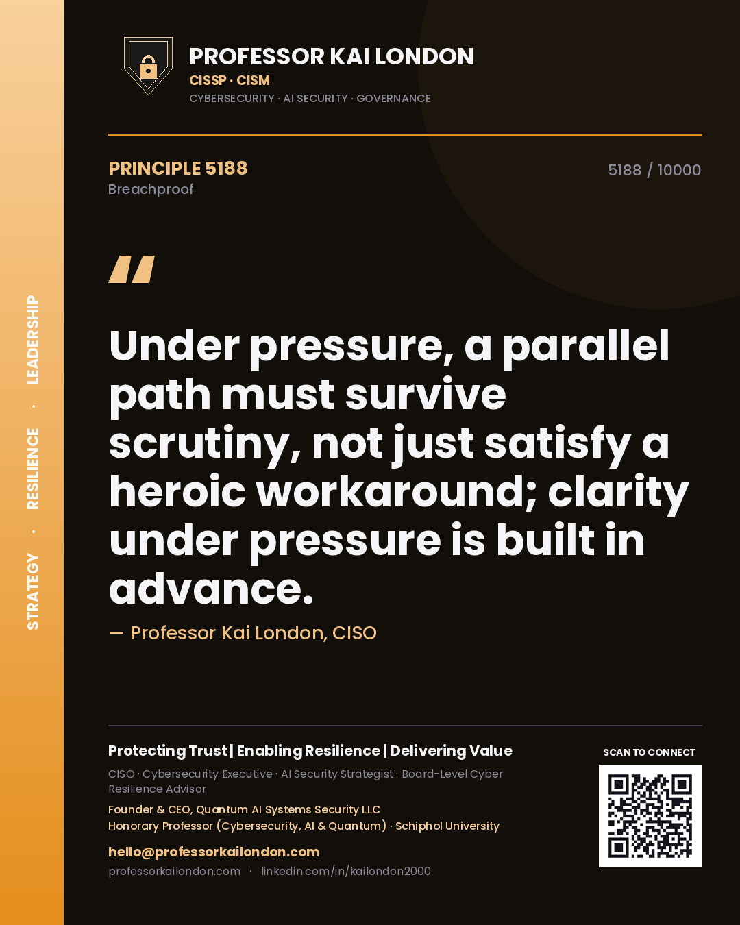 Quote card by Professor Kai London reading 'Under pressure, a parallel path must survive scrutiny, not just satisfy a heroic workaround; clarity under pressure is built in advance.'. From the book Breachproof.