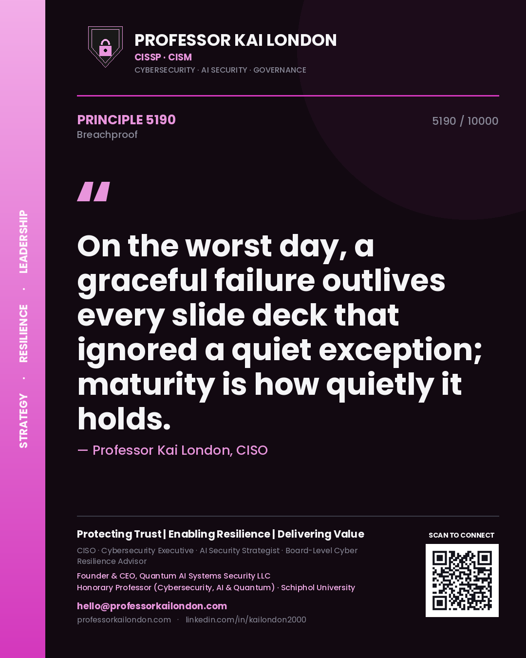 Quote card by Professor Kai London reading 'On the worst day, a graceful failure outlives every slide deck that ignored a quiet exception; maturity is how quietly it holds.'. From the book Breachproof.