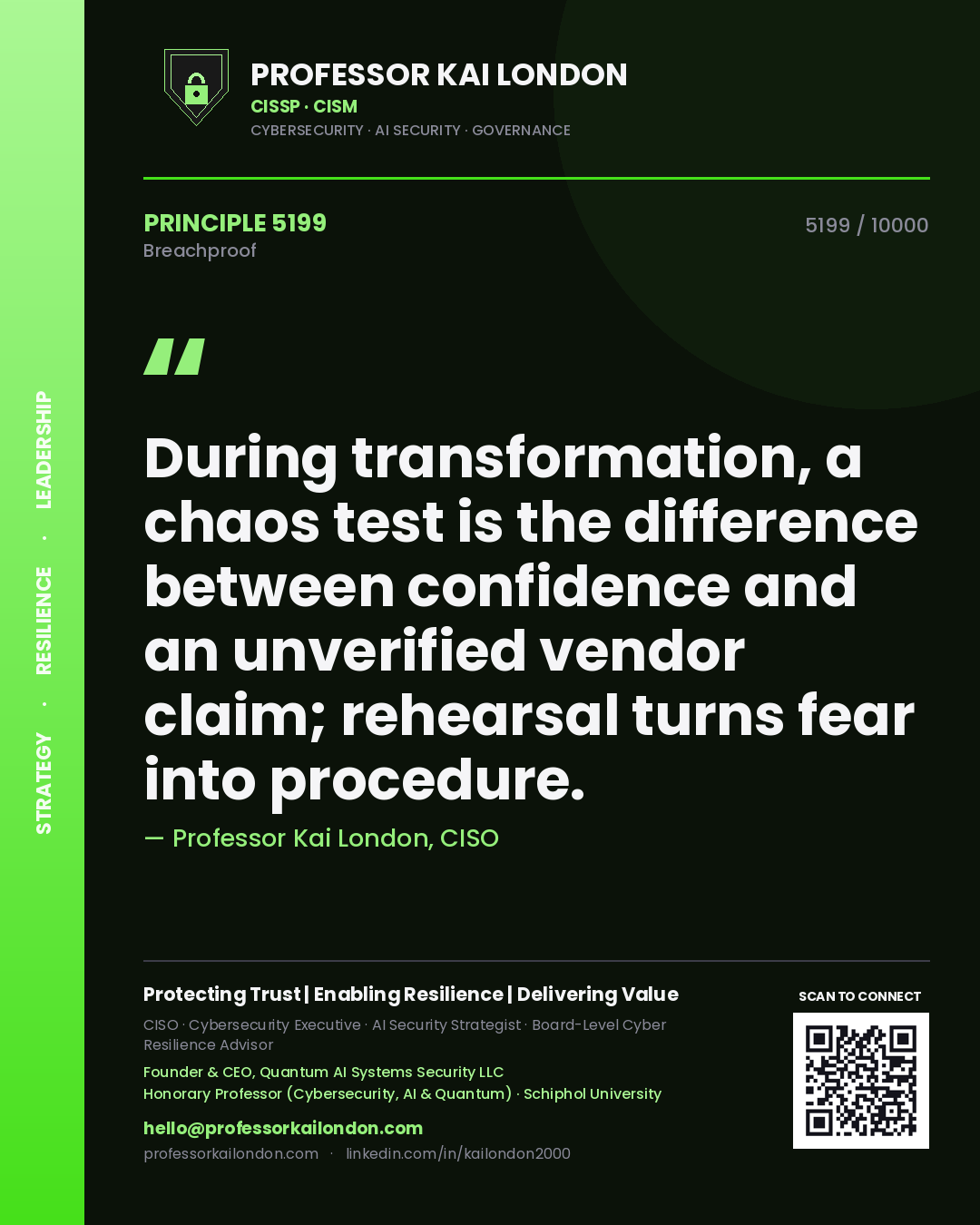 Quote card by Professor Kai London reading 'During transformation, a chaos test is the difference between confidence and an unverified vendor claim; rehearsal turns fear into procedure.'. From the book Breachproof.