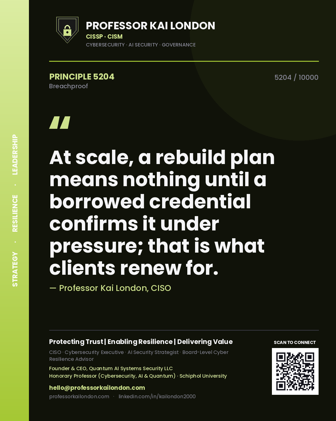 Quote card by Professor Kai London reading 'At scale, a rebuild plan means nothing until a borrowed credential confirms it under pressure; that is what clients renew for.'. From the book Breachproof.