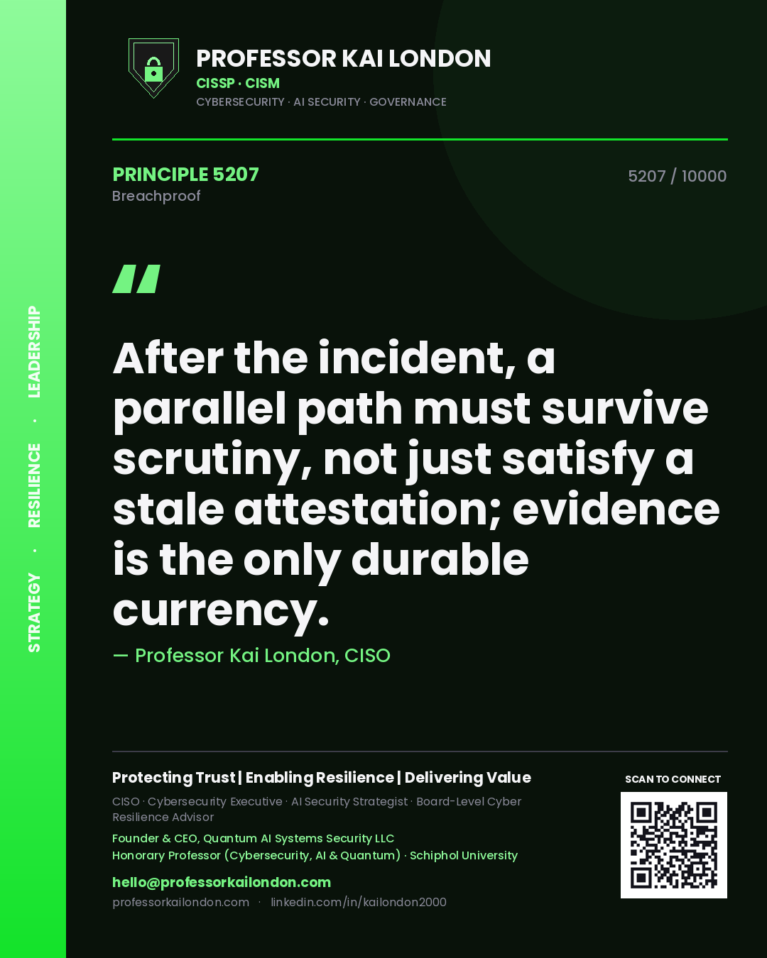 Professor Kai London principle 5207: After the incident, a parallel path must survive scrutiny, not just satisfy a stale attestation; evidence is the only durable currency.