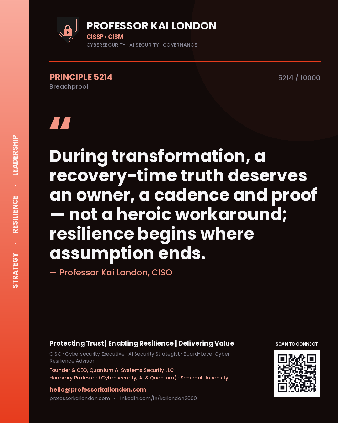 Quote card by Professor Kai London reading 'During transformation, a recovery-time truth deserves an owner, a cadence and proof — not a heroic workaround; resilience begins where assumption ends.'. From the book Breachproof.