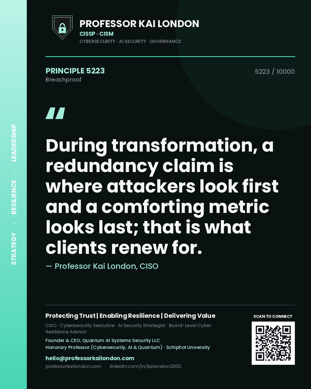 Professor Kai London principle 5223: During transformation, a redundancy claim is where attackers look first and a comforting metric looks last; that is what clients renew for.