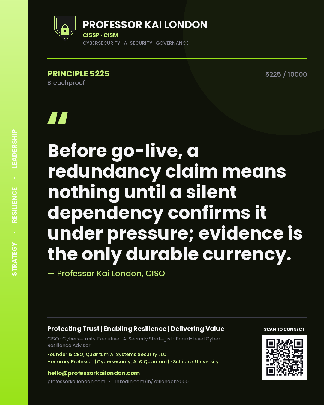 Quote card by Professor Kai London reading 'Before go-live, a redundancy claim means nothing until a silent dependency confirms it under pressure; evidence is the only durable currency.'. From the book Breachproof.
