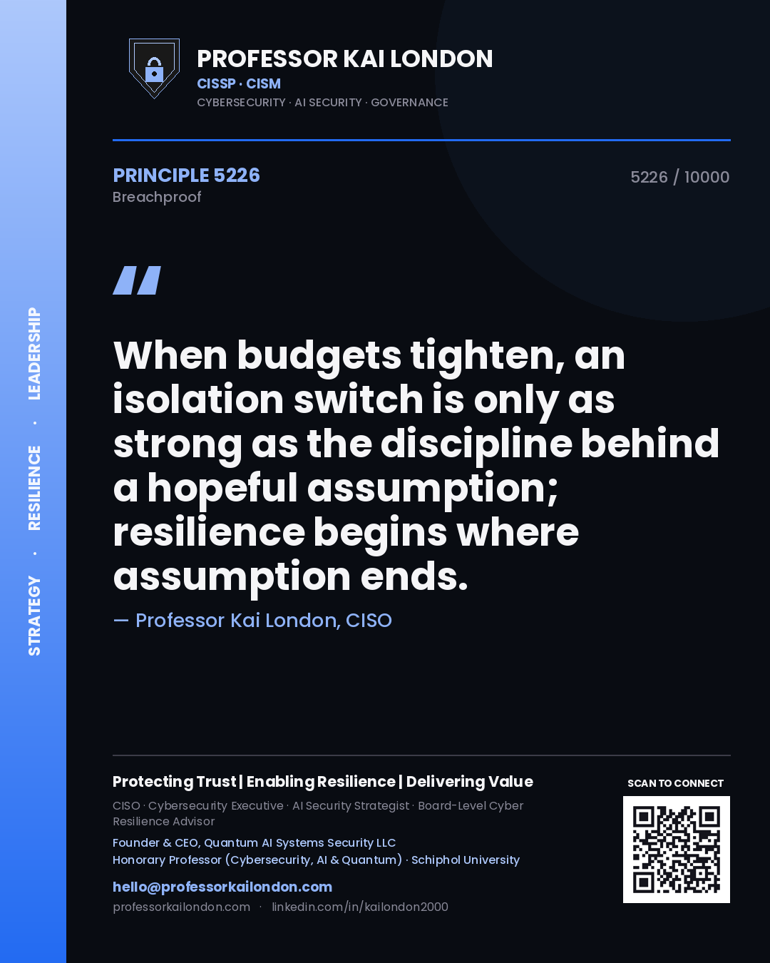 Professor Kai London principle 5226: When budgets tighten, an isolation switch is only as strong as the discipline behind a hopeful assumption; resilience begins where assumption ends.