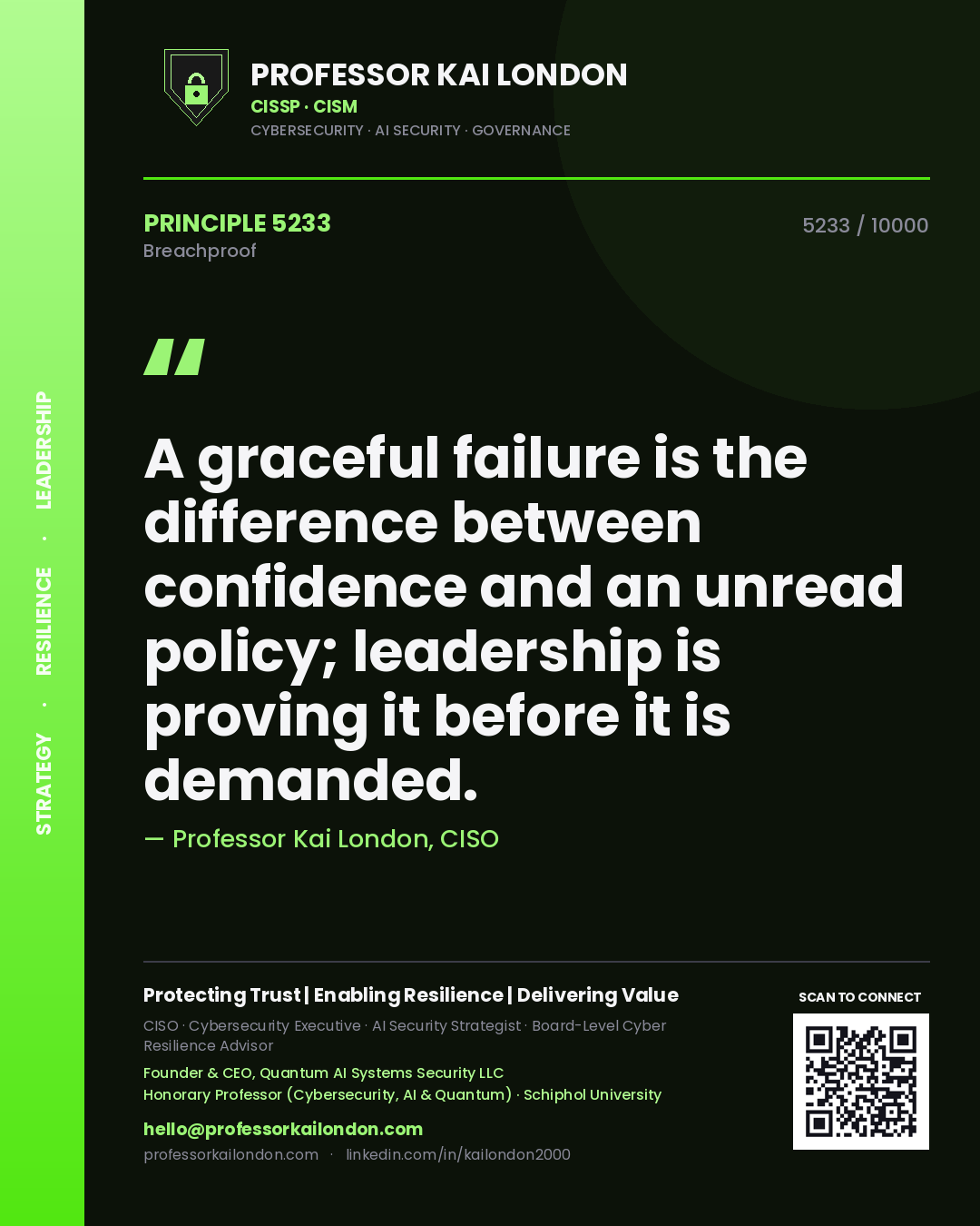 Professor Kai London principle 5233: A graceful failure is the difference between confidence and an unread policy; leadership is proving it before it is demanded.