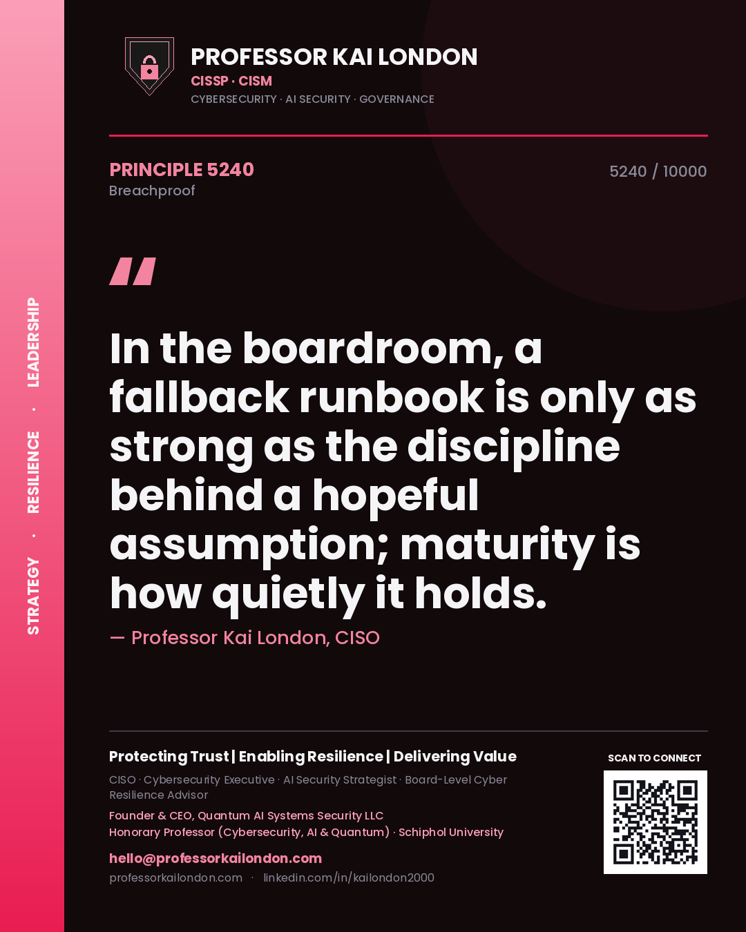 Quote card by Professor Kai London reading 'In the boardroom, a fallback runbook is only as strong as the discipline behind a hopeful assumption; maturity is how quietly it holds.'. From the book Breachproof.