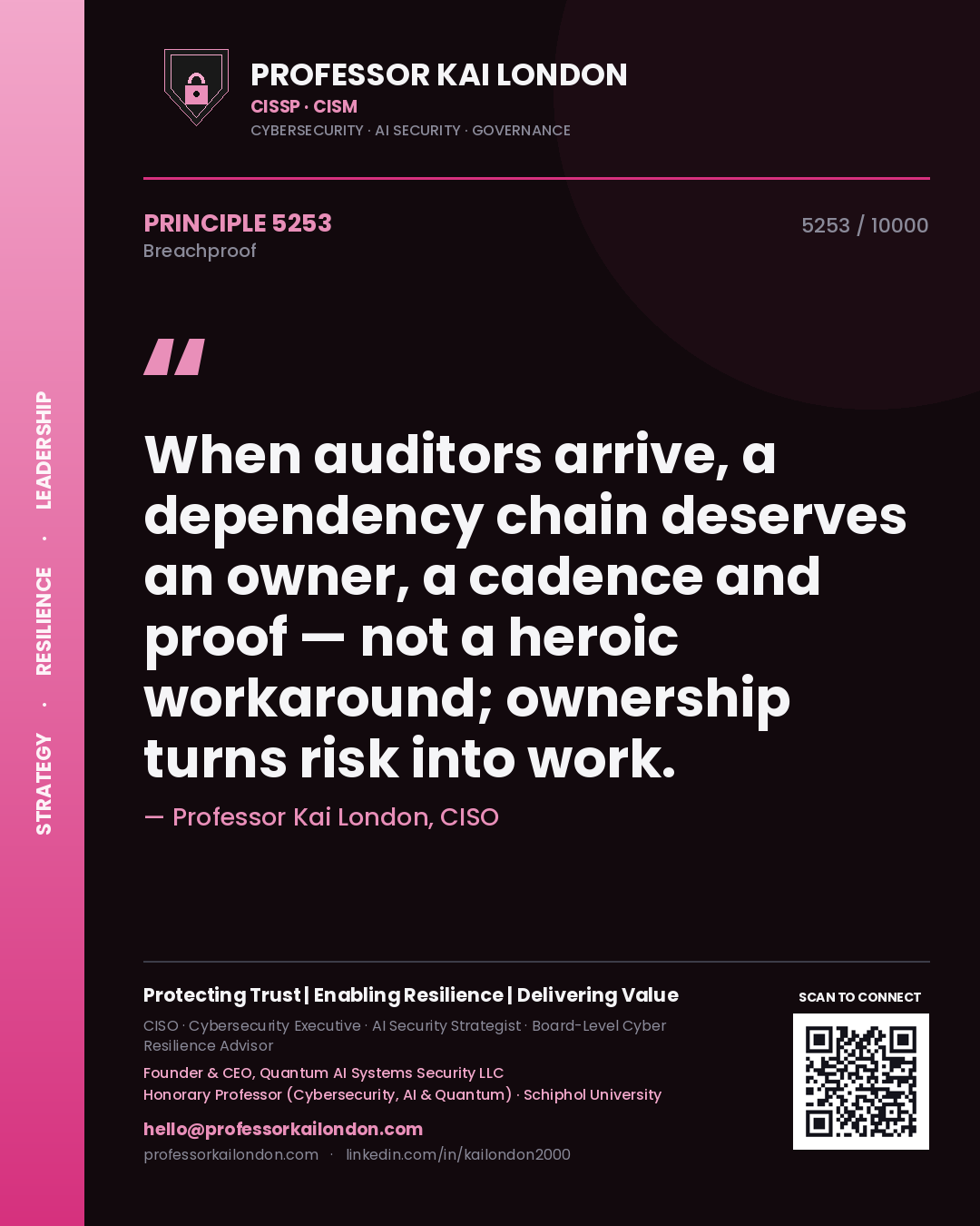Professor Kai London principle 5253: When auditors arrive, a dependency chain deserves an owner, a cadence and proof — not a heroic workaround; ownership turns risk into work.