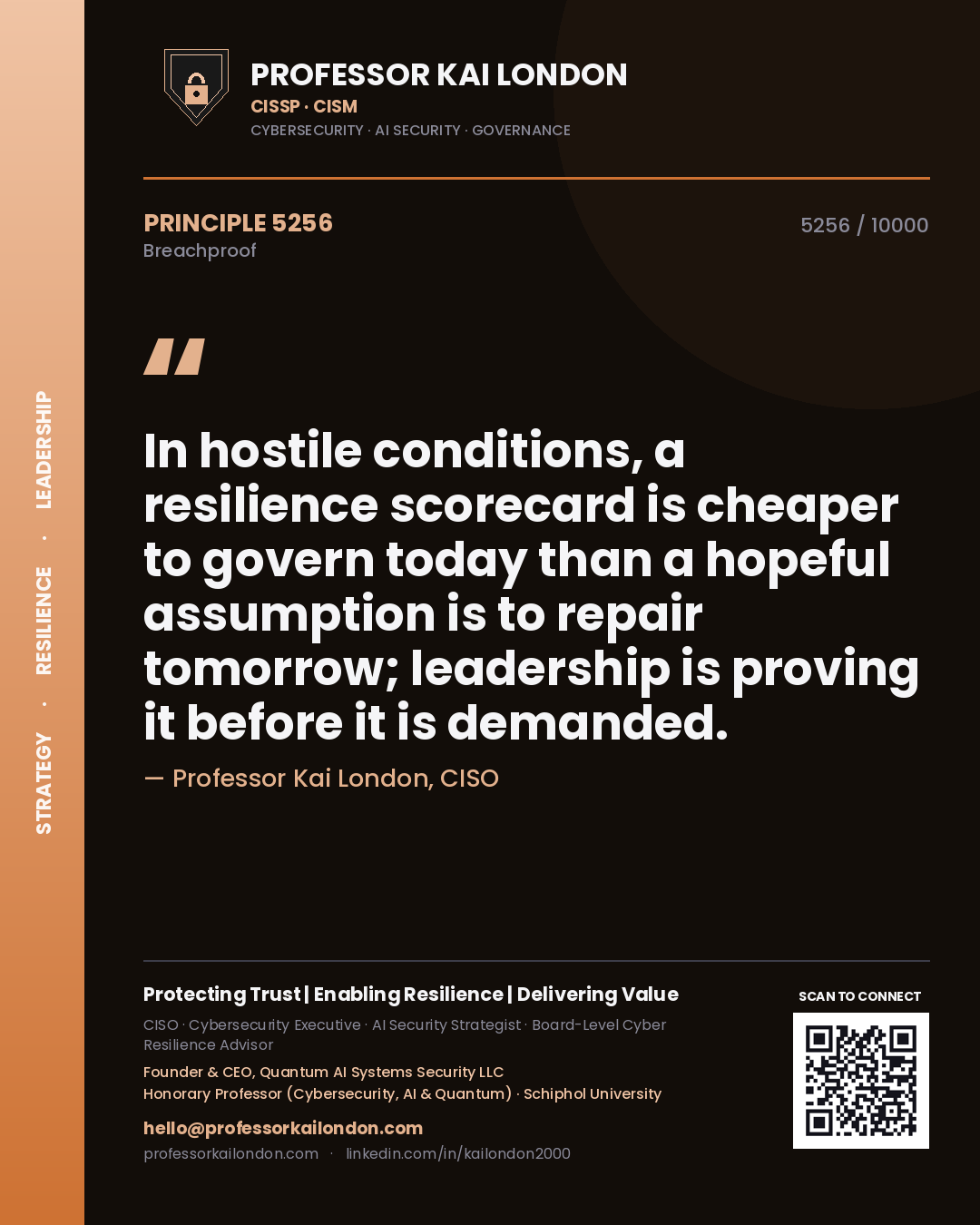 Quote card by Professor Kai London reading 'In hostile conditions, a resilience scorecard is cheaper to govern today than a hopeful assumption is to repair tomorrow; leadership is proving it before it is demanded.'. From the book Breachproof.