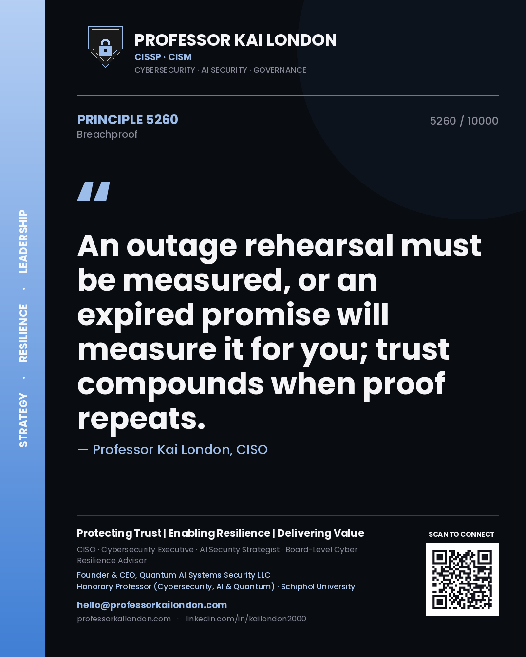 Professor Kai London principle 5260: An outage rehearsal must be measured, or an expired promise will measure it for you; trust compounds when proof repeats.