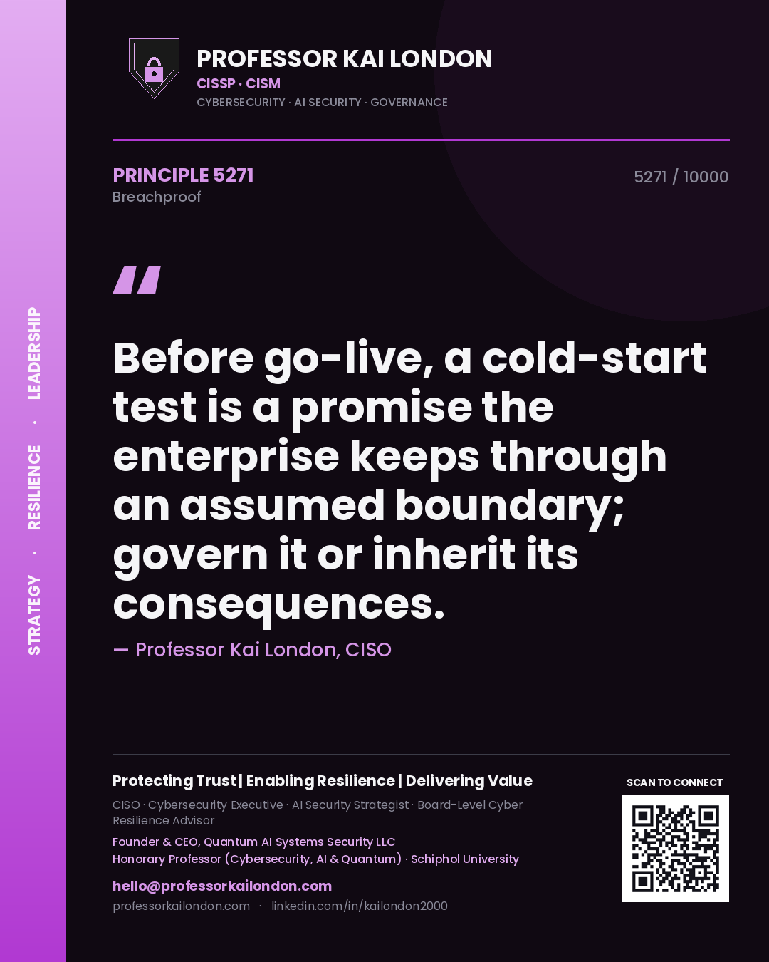 Quote card by Professor Kai London reading 'Before go-live, a cold-start test is a promise the enterprise keeps through an assumed boundary; govern it or inherit its consequences.'. From the book Breachproof.