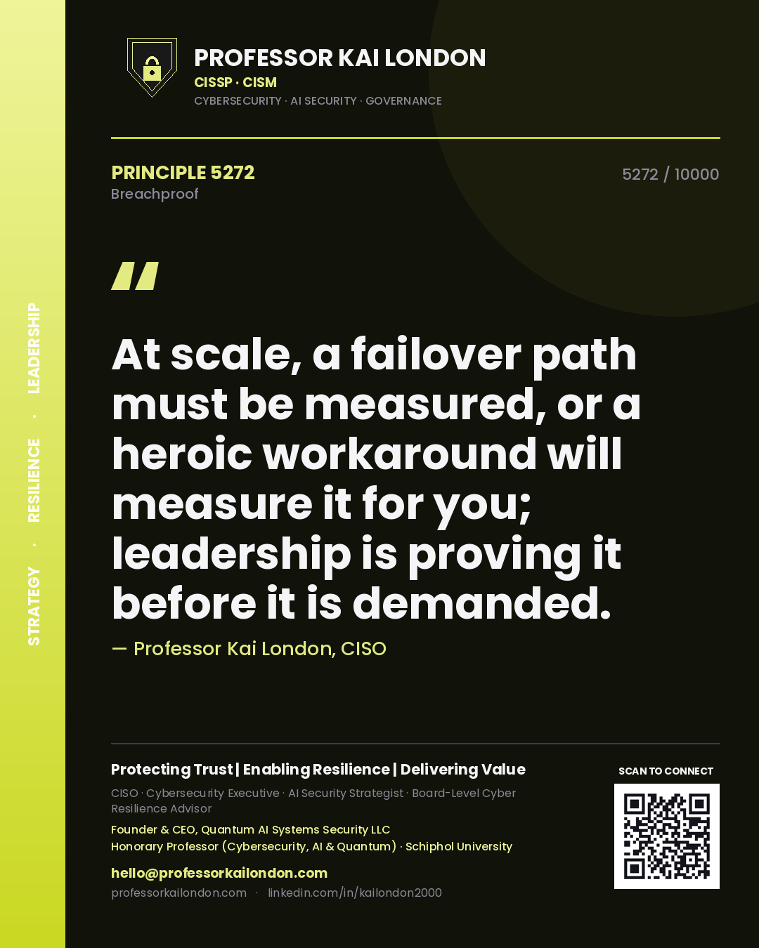 Quote card by Professor Kai London reading 'At scale, a failover path must be measured, or a heroic workaround will measure it for you; leadership is proving it before it is demanded.'. From the book Breachproof.