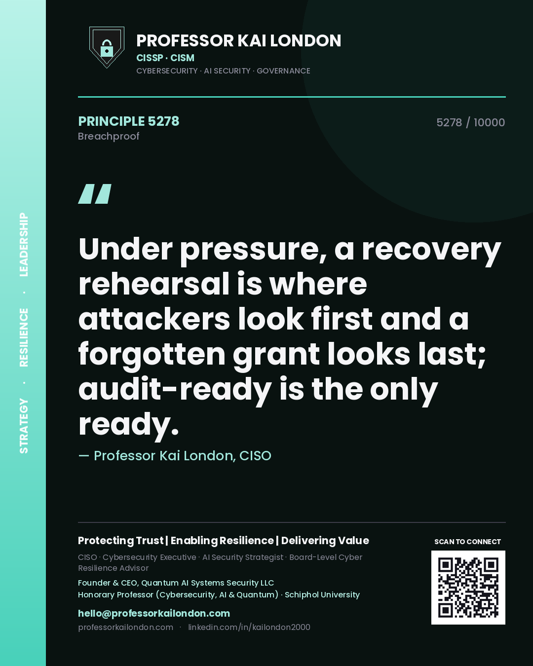 Professor Kai London principle 5278: Under pressure, a recovery rehearsal is where attackers look first and a forgotten grant looks last; audit-ready is the only ready.