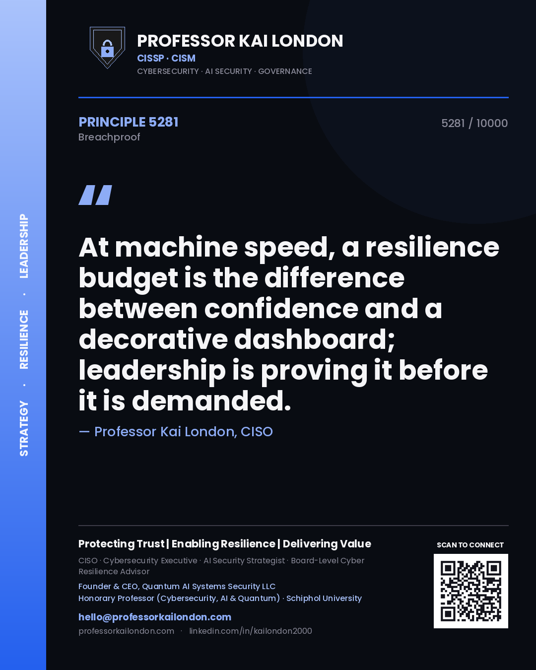 Quote card by Professor Kai London reading 'At machine speed, a resilience budget is the difference between confidence and a decorative dashboard; leadership is proving it before it is demanded.'. From the book Breachproof.