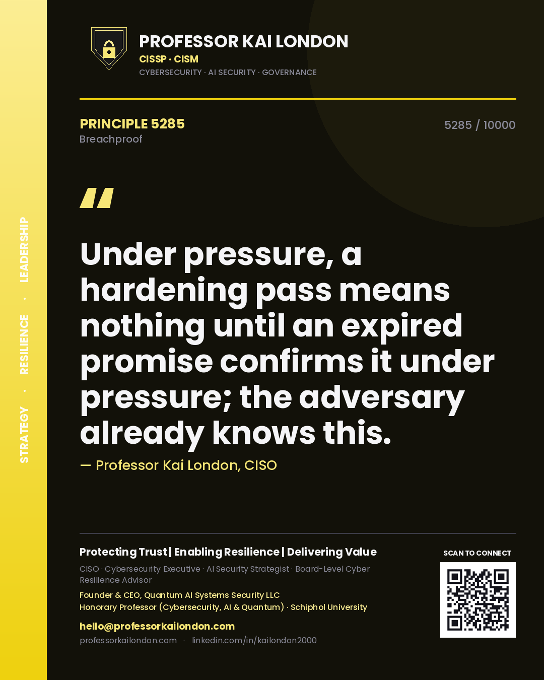 Professor Kai London principle 5285: Under pressure, a hardening pass means nothing until an expired promise confirms it under pressure; the adversary already knows this.