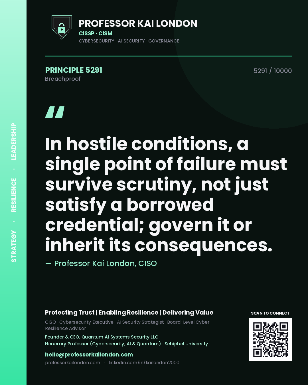 Quote card by Professor Kai London reading 'In hostile conditions, a single point of failure must survive scrutiny, not just satisfy a borrowed credential; govern it or inherit its consequences.'. From the book Breachproof.