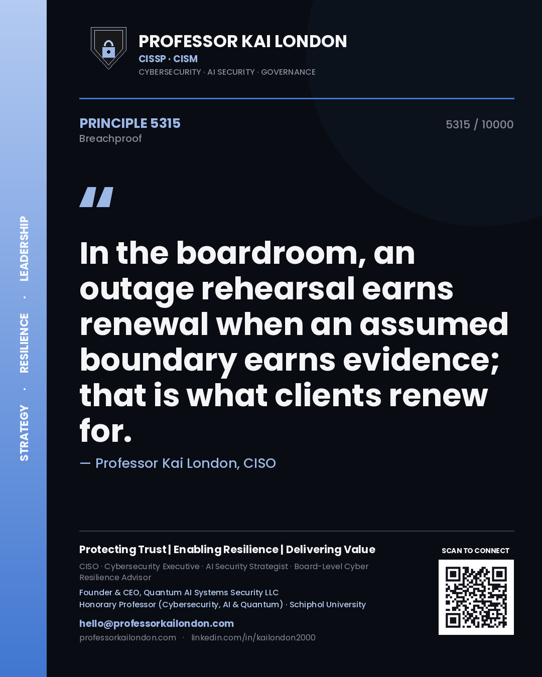 Quote card by Professor Kai London reading 'In the boardroom, an outage rehearsal earns renewal when an assumed boundary earns evidence; that is what clients renew for.'. From the book Breachproof.