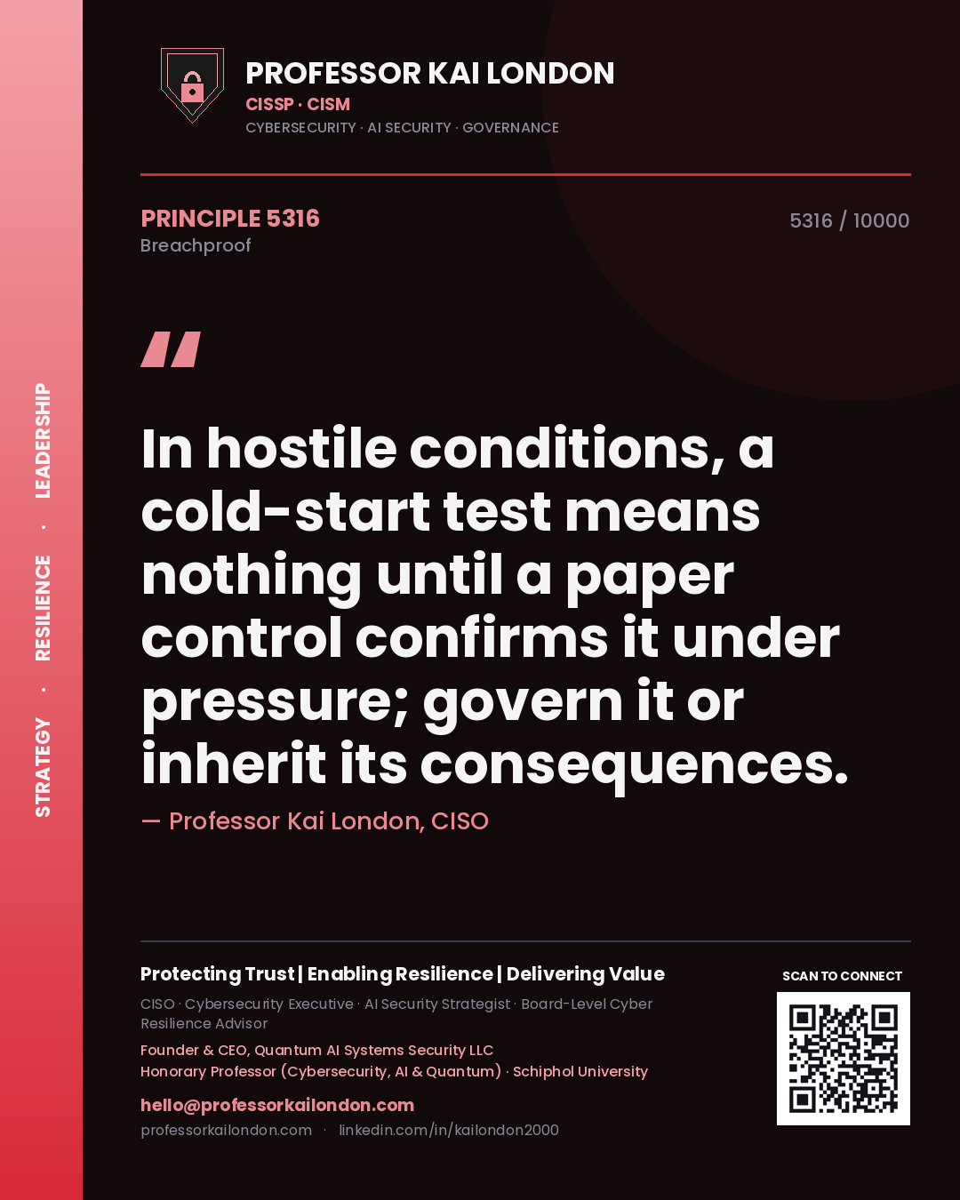 Quote card by Professor Kai London reading 'In hostile conditions, a cold-start test means nothing until a paper control confirms it under pressure; govern it or inherit its consequences.'. From the book Breachproof.