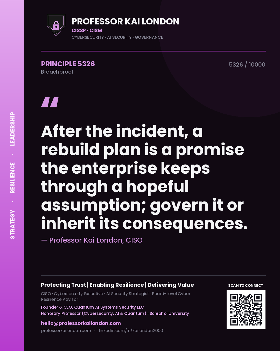 Quote card by Professor Kai London reading 'After the incident, a rebuild plan is a promise the enterprise keeps through a hopeful assumption; govern it or inherit its consequences.'. From the book Breachproof.