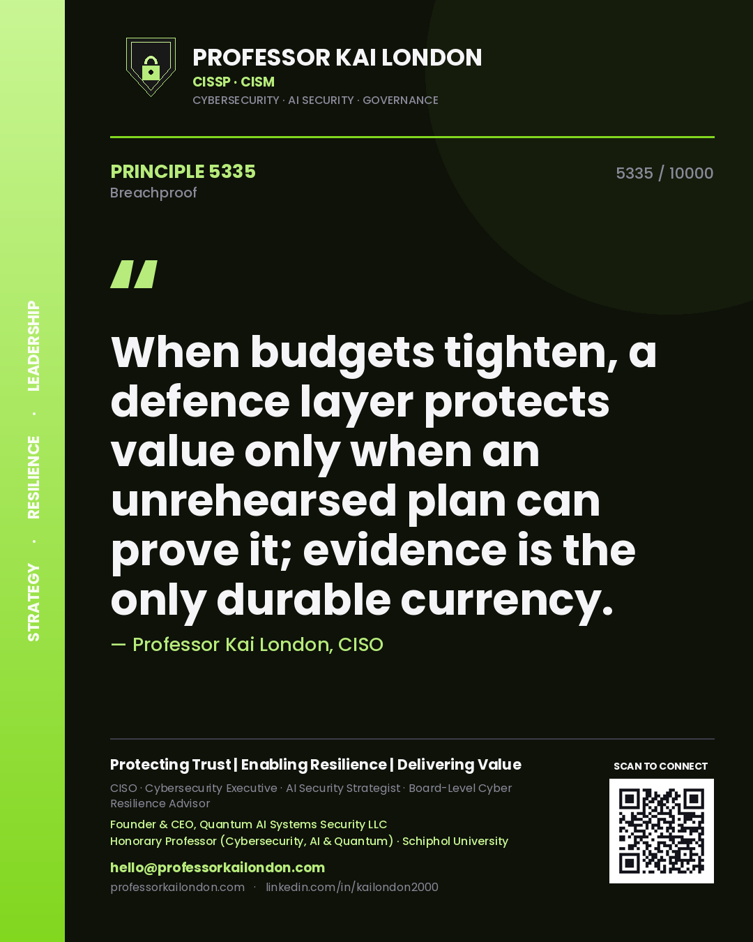 Quote card by Professor Kai London reading 'When budgets tighten, a defence layer protects value only when an unrehearsed plan can prove it; evidence is the only durable currency.'. From the book Breachproof.