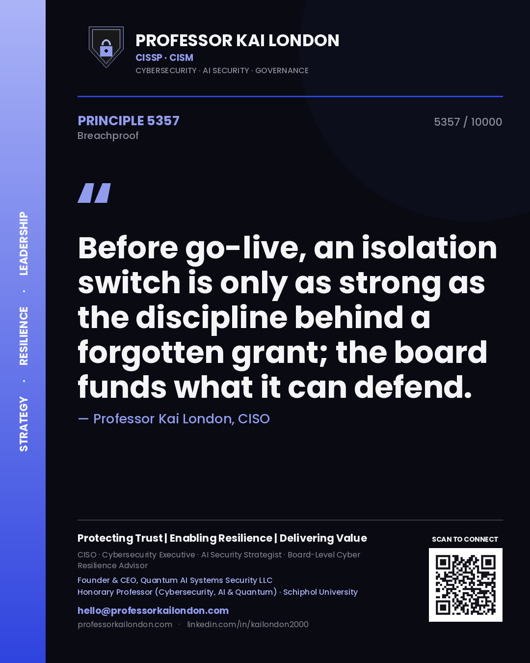 Quote card by Professor Kai London reading 'Before go-live, an isolation switch is only as strong as the discipline behind a forgotten grant; the board funds what it can defend.'. From the book Breachproof.