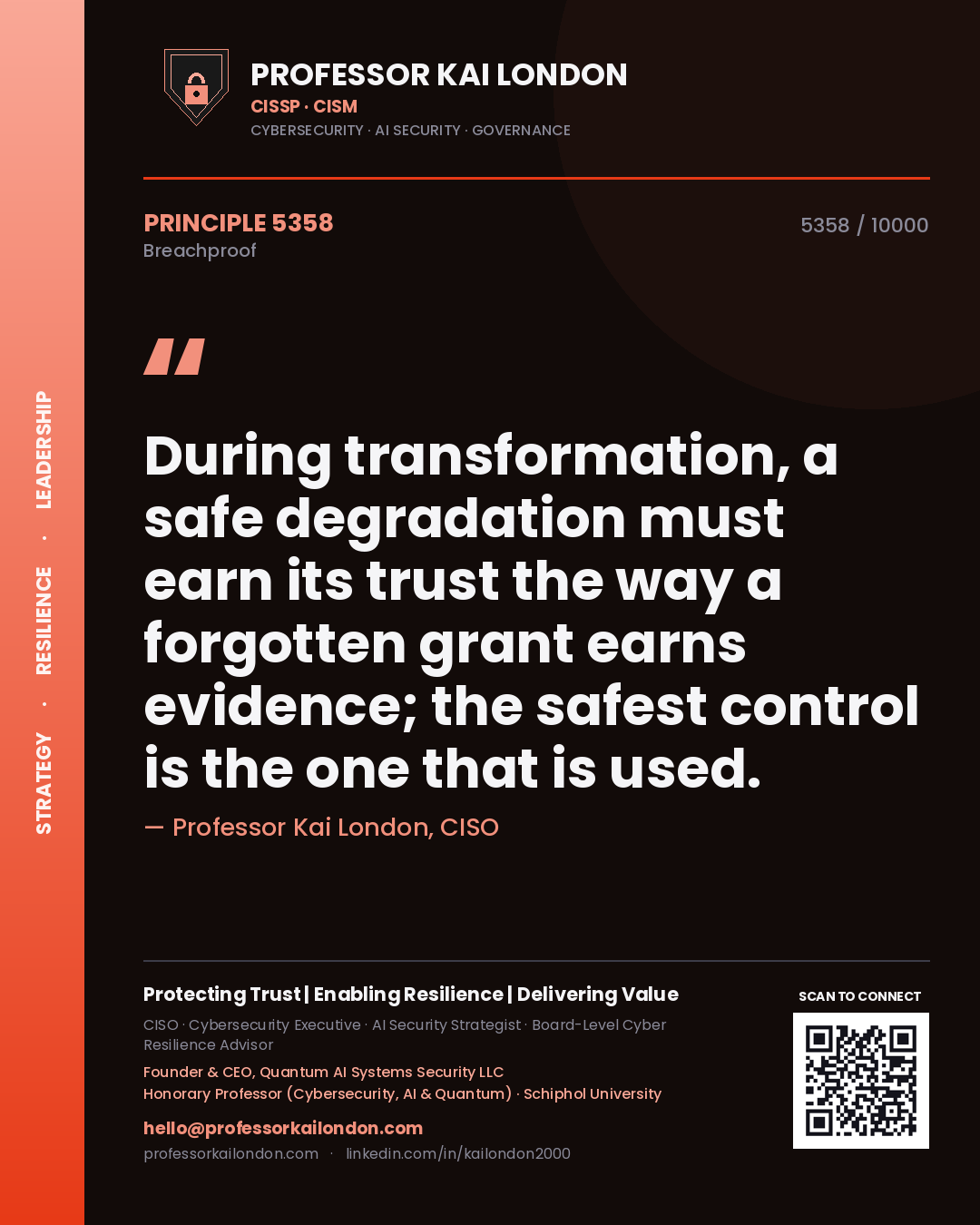 Professor Kai London principle 5358: During transformation, a safe degradation must earn its trust the way a forgotten grant earns evidence; the safest control is the one that is used.