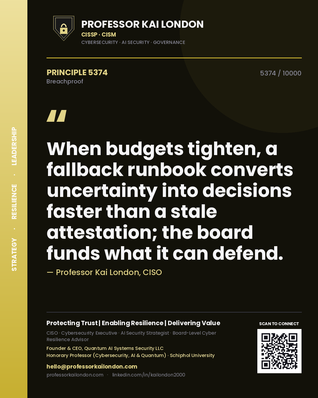 Professor Kai London principle 5374: When budgets tighten, a fallback runbook converts uncertainty into decisions faster than a stale attestation; the board funds what it can defend.