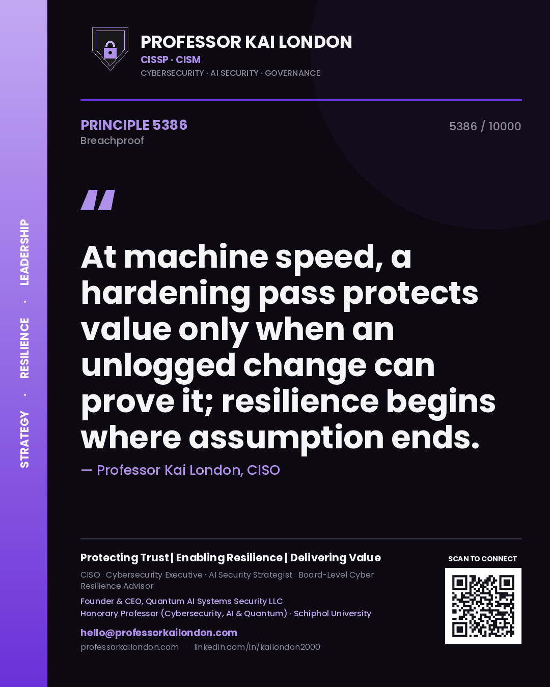 Quote card by Professor Kai London reading 'At machine speed, a hardening pass protects value only when an unlogged change can prove it; resilience begins where assumption ends.'. From the book Breachproof.