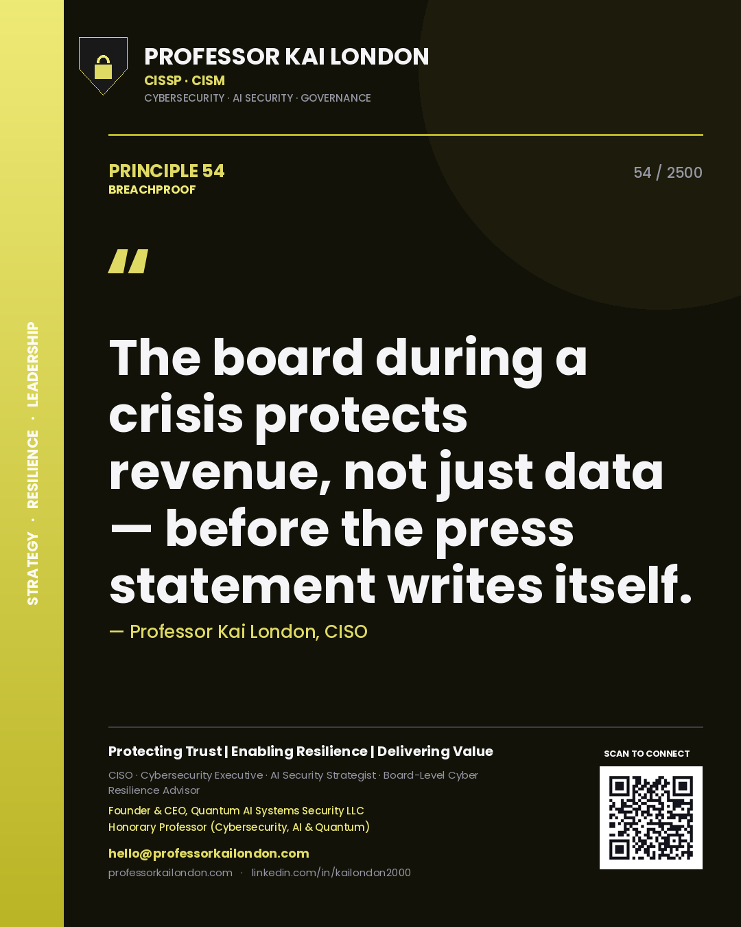 Quote card by Professor Kai London reading 'The board during a crisis protects revenue, not just data — before the press statement writes itself.'. From the book Breachproof.