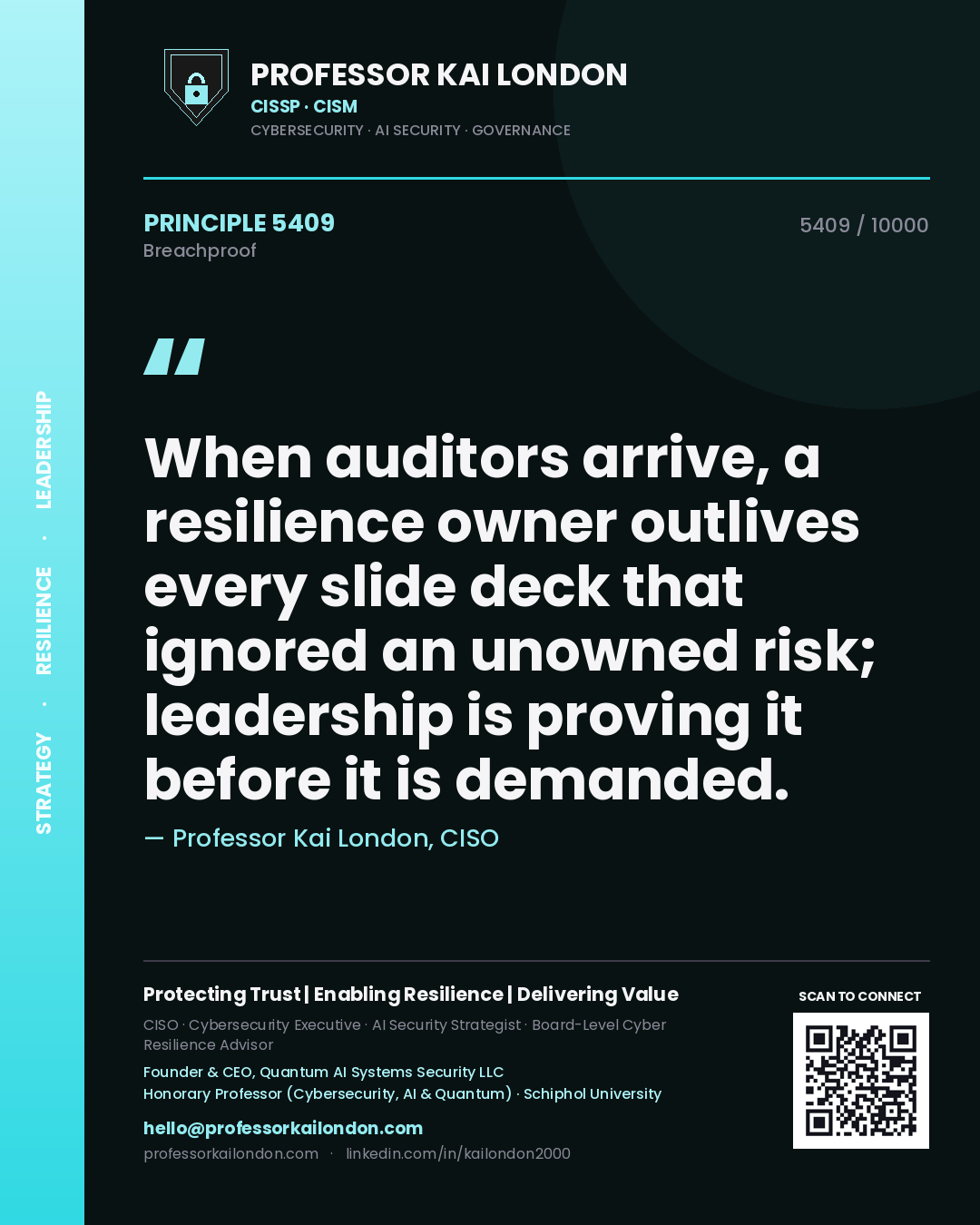 Quote card by Professor Kai London reading 'When auditors arrive, a resilience owner outlives every slide deck that ignored an unowned risk; leadership is proving it before it is demanded.'. From the book Breachproof.