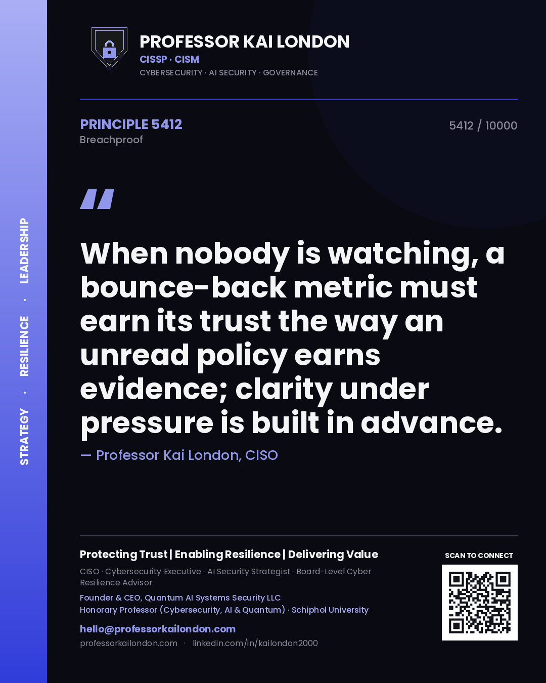 Professor Kai London principle 5412: When nobody is watching, a bounce-back metric must earn its trust the way an unread policy earns evidence; clarity under pressure is built in advance.