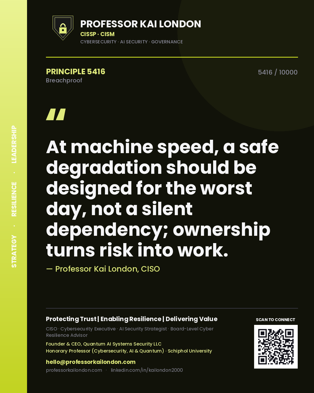 Quote card by Professor Kai London reading 'At machine speed, a safe degradation should be designed for the worst day, not a silent dependency; ownership turns risk into work.'. From the book Breachproof.