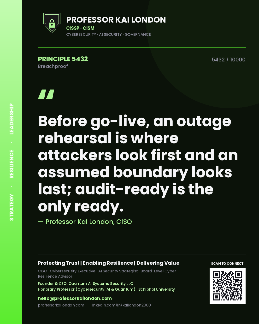 Professor Kai London principle 5432: Before go-live, an outage rehearsal is where attackers look first and an assumed boundary looks last; audit-ready is the only ready.