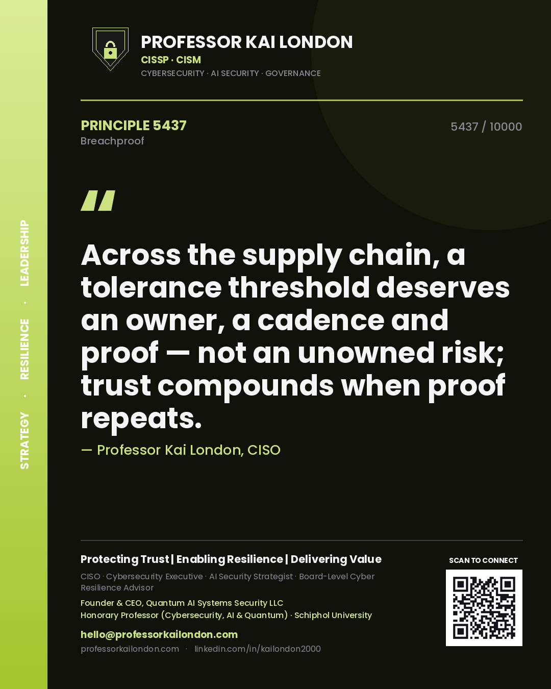 Professor Kai London principle 5437: Across the supply chain, a tolerance threshold deserves an owner, a cadence and proof — not an unowned risk; trust compounds when proof repeats.