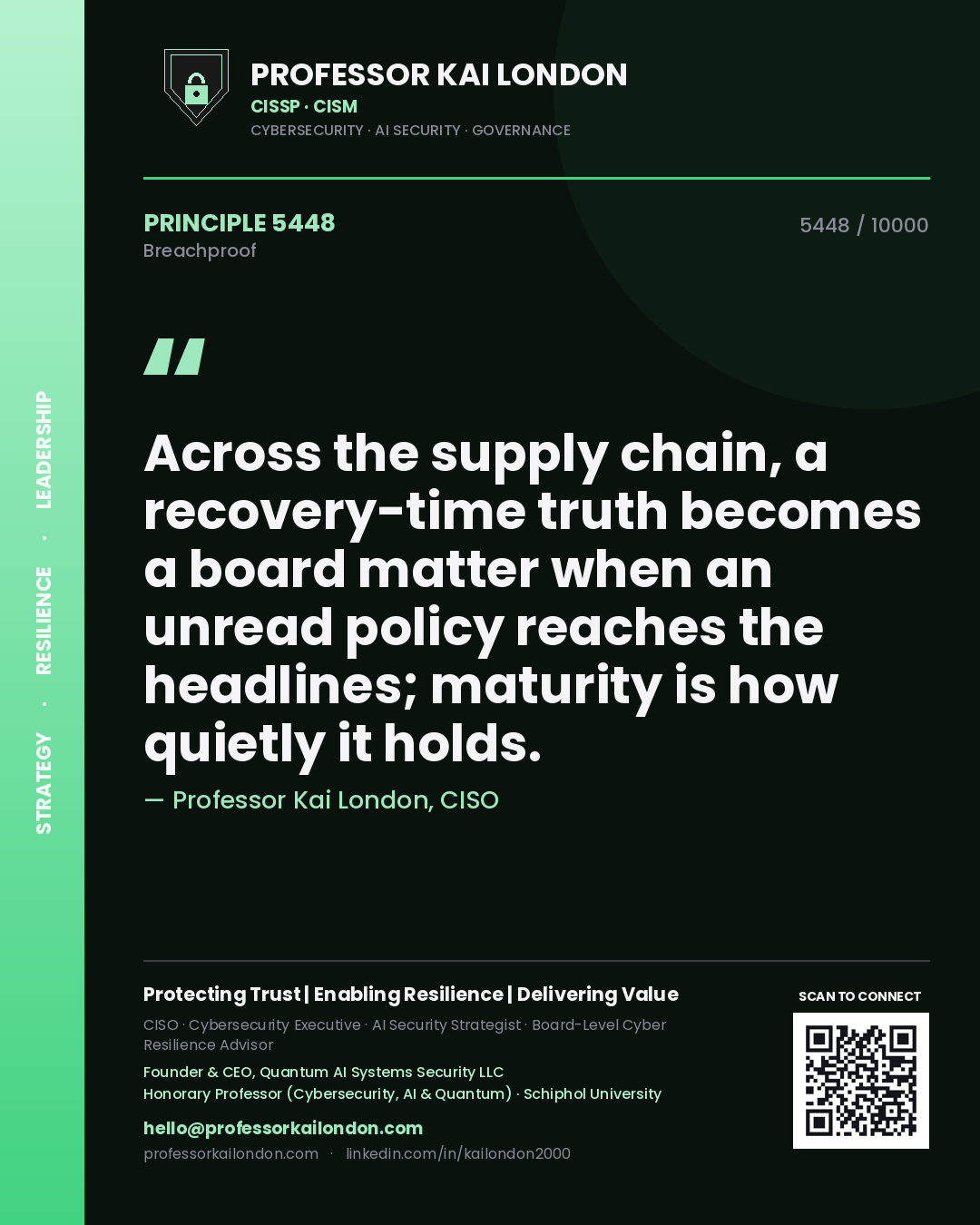 Professor Kai London principle 5448: Across the supply chain, a recovery-time truth becomes a board matter when an unread policy reaches the headlines; maturity is how quietly it holds.