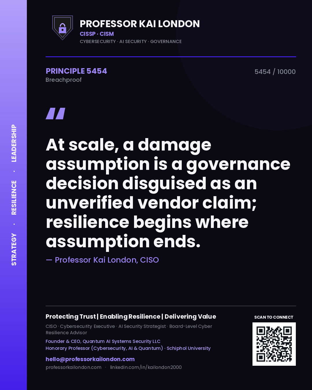 Quote card by Professor Kai London reading 'At scale, a damage assumption is a governance decision disguised as an unverified vendor claim; resilience begins where assumption ends.'. From the book Breachproof.