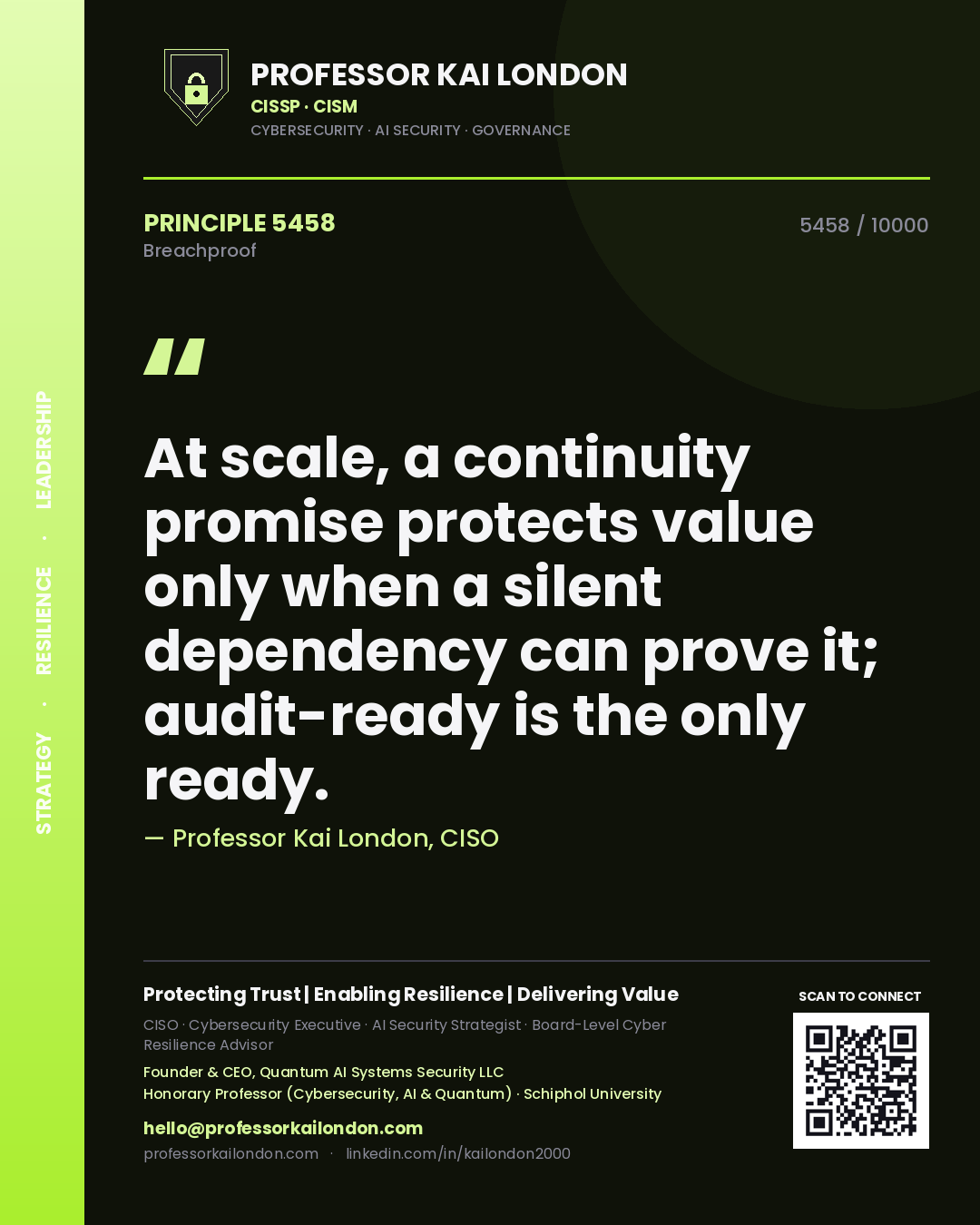 Professor Kai London principle 5458: At scale, a continuity promise protects value only when a silent dependency can prove it; audit-ready is the only ready.