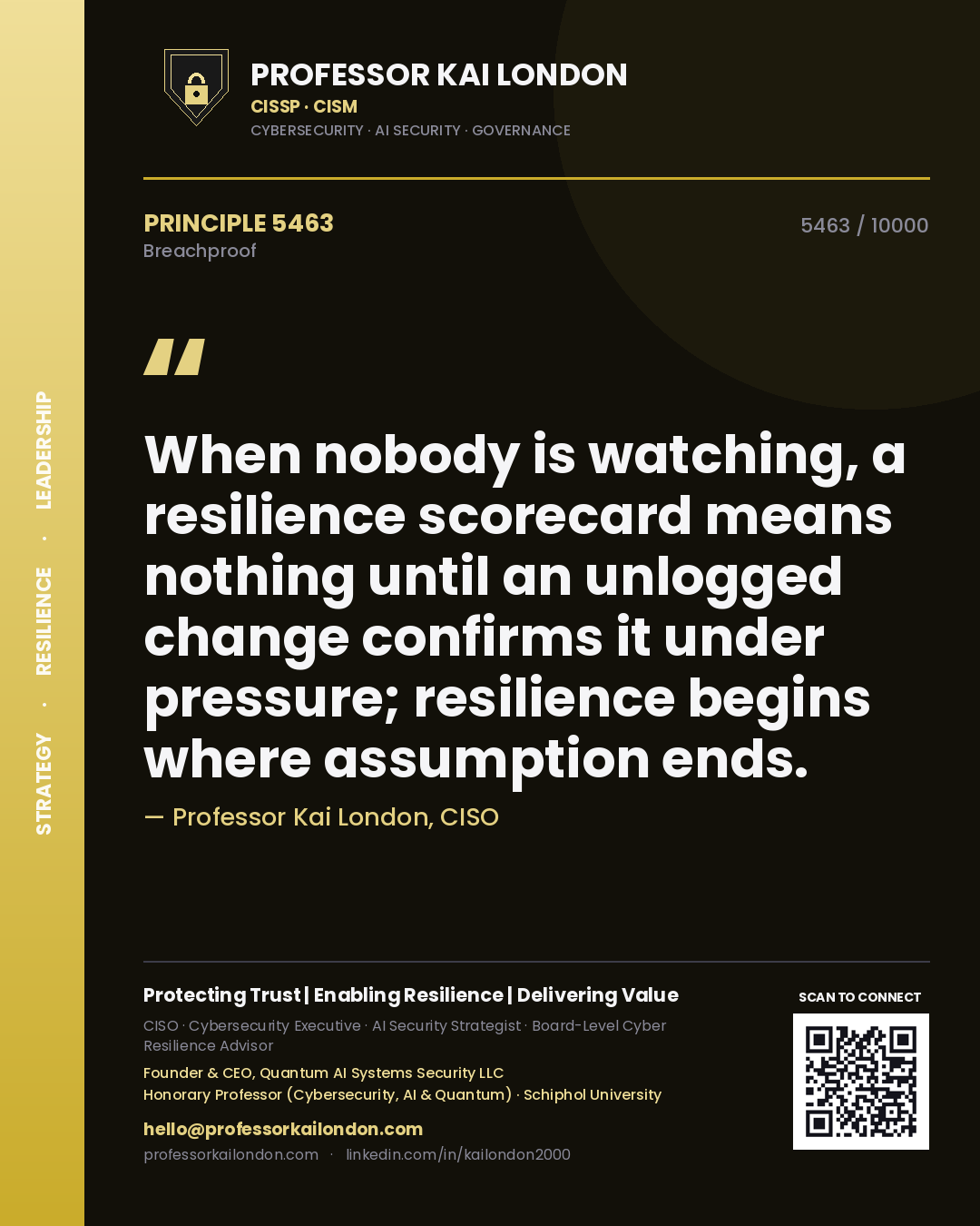 Professor Kai London principle 5463: When nobody is watching, a resilience scorecard means nothing until an unlogged change confirms it under pressure; resilience begins where assumption ends.